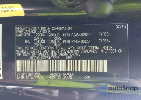 2015 Toyota 4Runner Limited from USA, damaged, VIN JTEZU5JR3F5107296